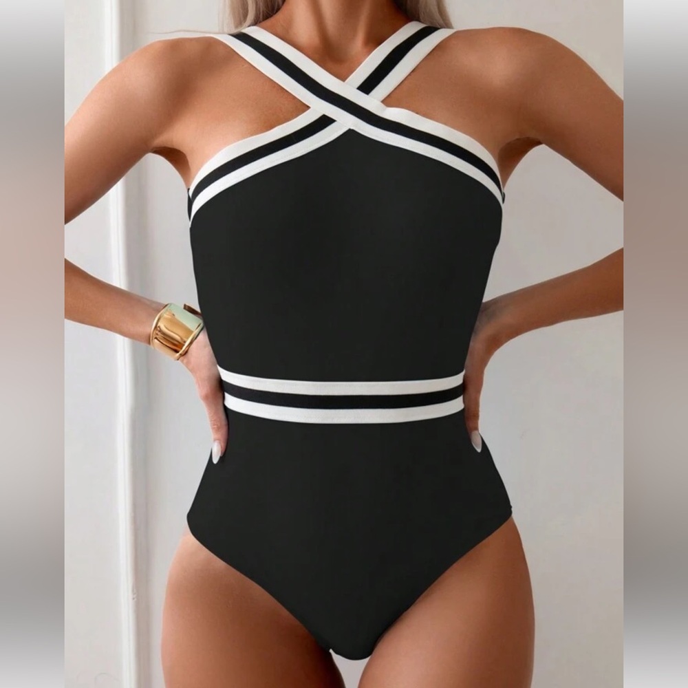 Black and White Strappy Swimsuit
